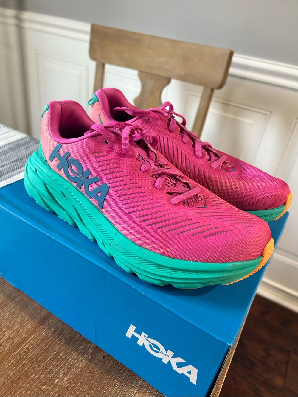 Hoka Women's Pink and Teal Running Shoes with Orange Accents